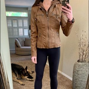 Brown leather jacket with attached hoodie